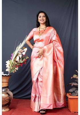 Peach Woven Zari Pure Banarasi Silk Saree Set
