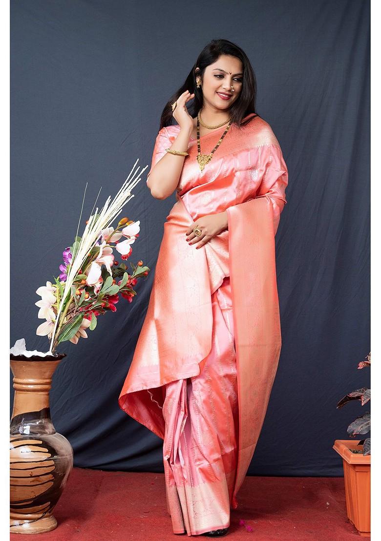 Peach Woven Zari Pure Banarasi Silk Saree Set
