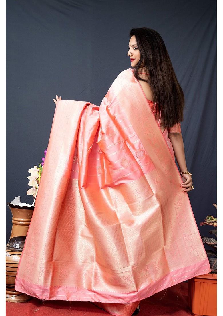 Peach Woven Zari Pure Banarasi Silk Saree Set