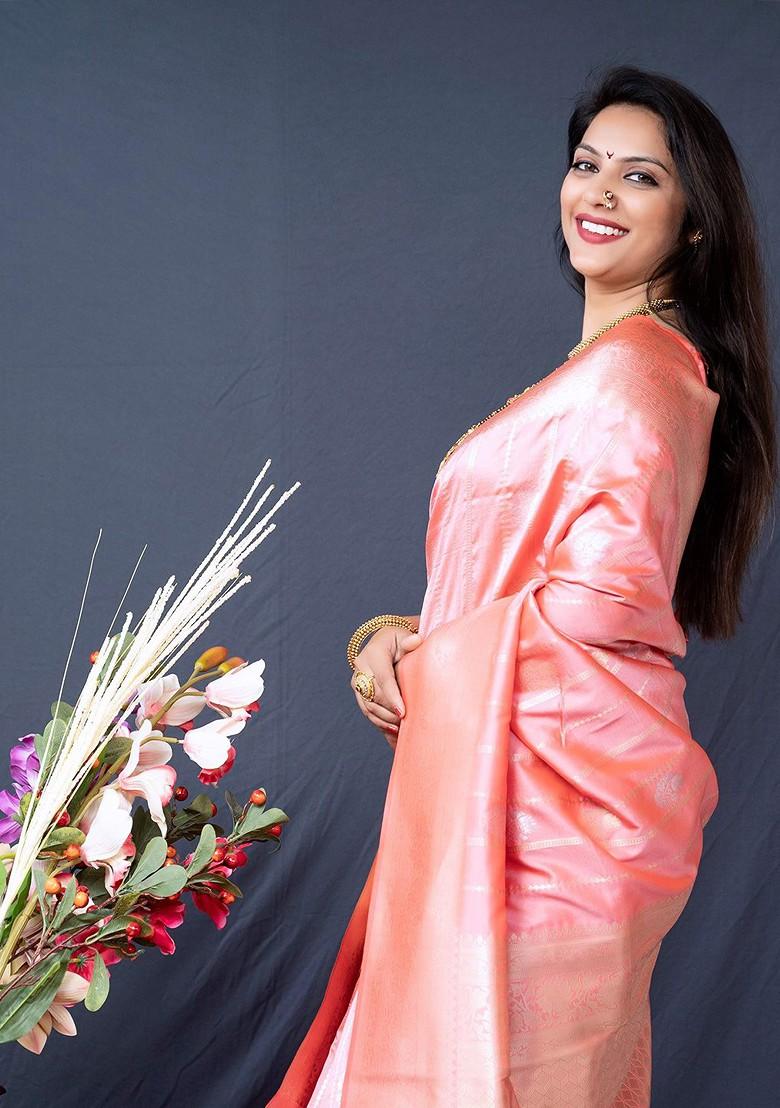 Peach Woven Zari Pure Banarasi Silk Saree Set