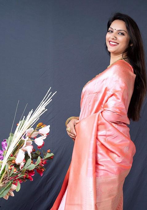 Peach Woven Zari Pure Banarasi Silk Saree Set