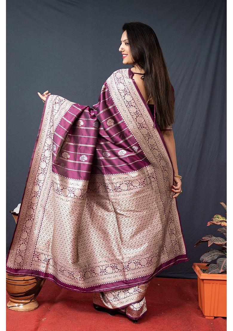 Maroon Woven Zari Pure Banarasi Silk Saree Set - Indya