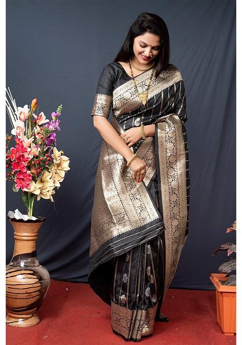 Black Woven Zari Pure Banarasi Silk Saree Set