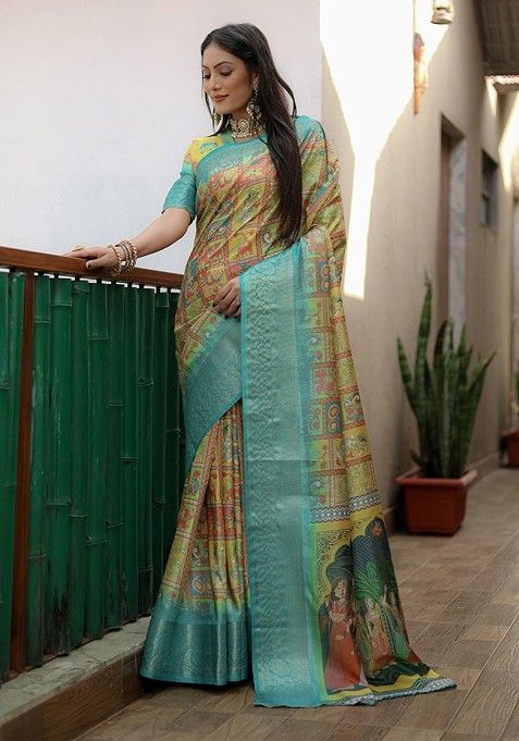 Turquoise Blue Kalamkari Zari Pure Silk Saree Set