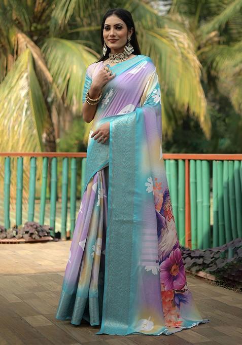 Blue Floral Zari Pure Silk Saree Set