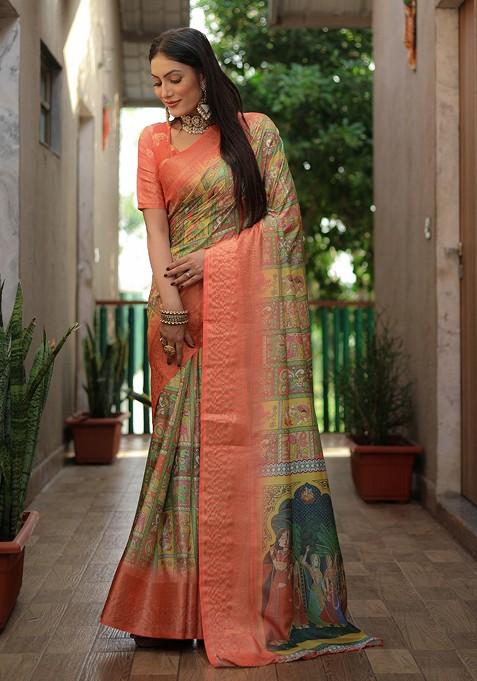 Orange Kalamkari Zari Pure Silk Saree Set