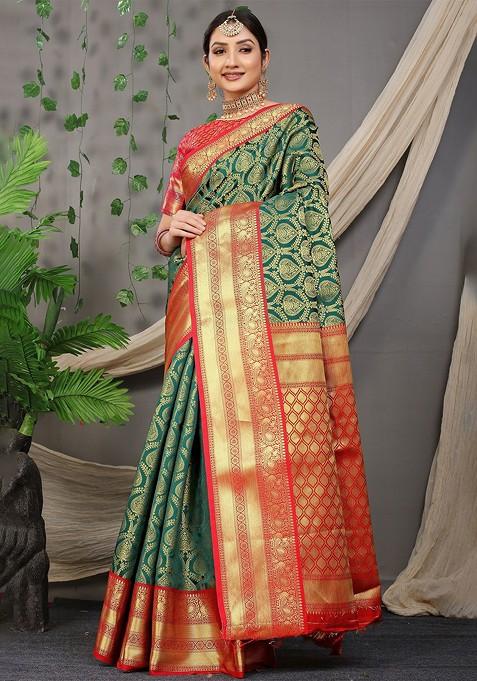 Green Ethnic Motif Zari Pure Banarasi Silk Saree Set