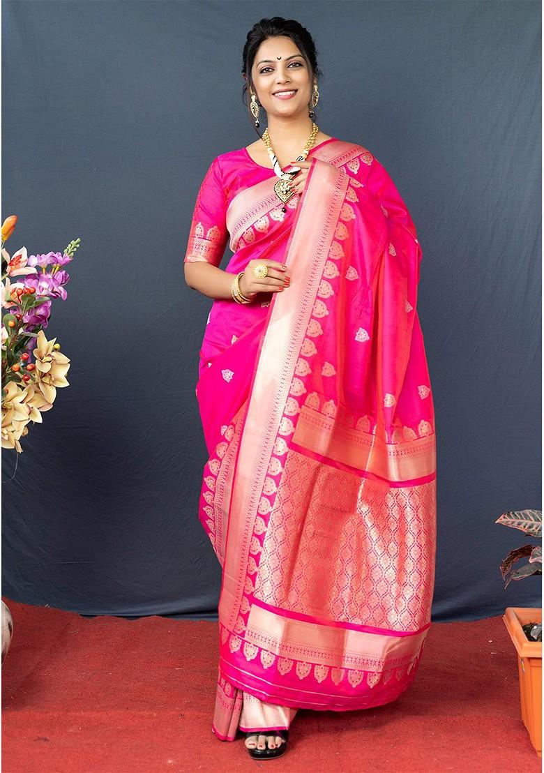 Pink And Golden Woven Zari Pure Banarasi Silk Saree Set