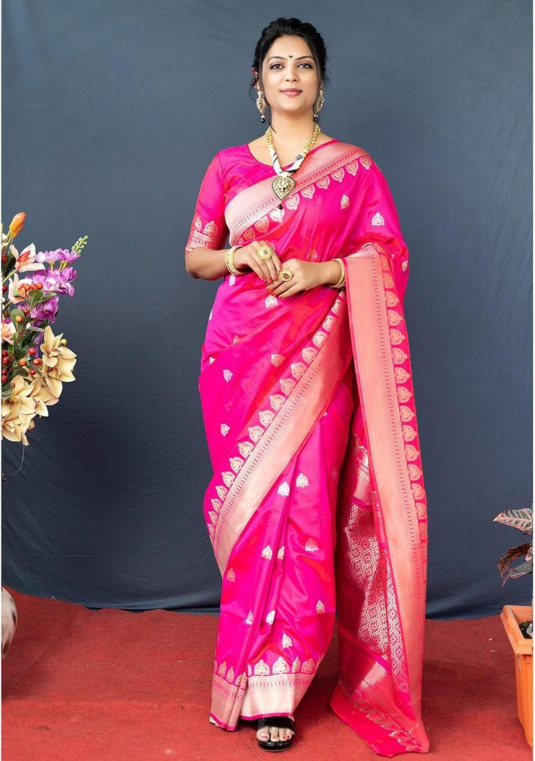 Pink And Golden Woven Zari Pure Banarasi Silk Saree Set