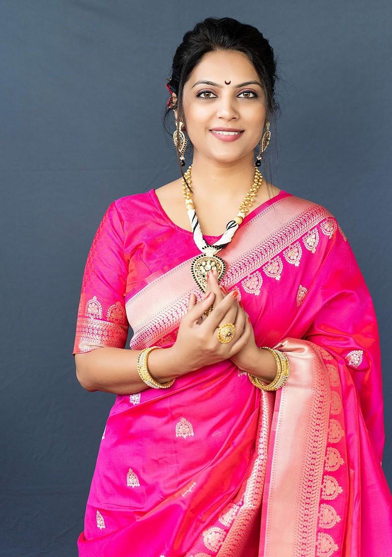 Pink And Golden Woven Zari Pure Banarasi Silk Saree Set