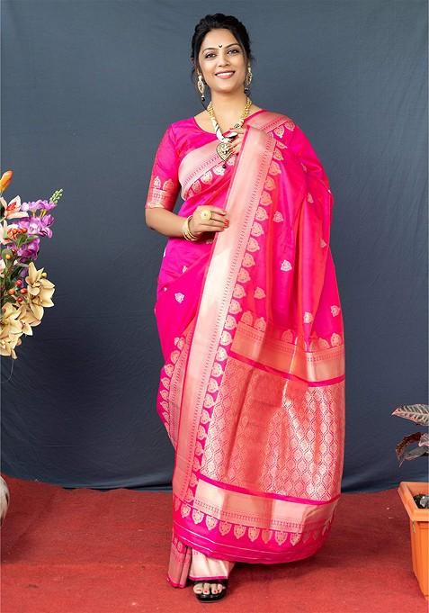 Pink And Golden Woven Zari Pure Banarasi Silk Saree Set