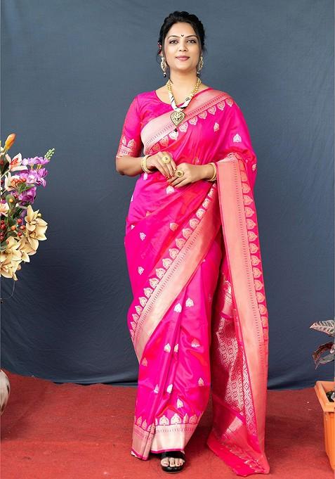 Pink And Golden Woven Zari Pure Banarasi Silk Saree Set