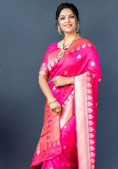 Pink And Golden Woven Zari Pure Banarasi Silk Saree Set