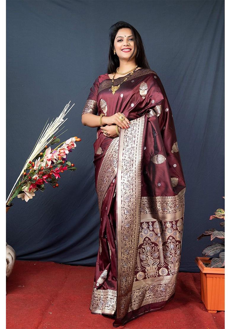 Maroon Ethnic Motifs Zari Pure Banarasi Silk Saree Set