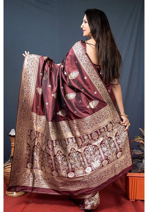 Maroon Ethnic Motifs Zari Pure Banarasi Silk Saree Set