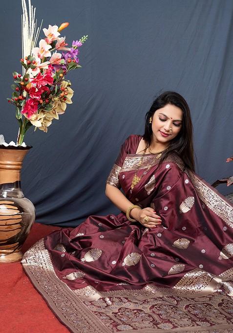 Maroon Ethnic Motifs Zari Pure Banarasi Silk Saree Set