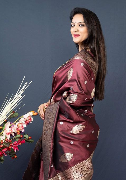 Maroon Ethnic Motifs Zari Pure Banarasi Silk Saree Set