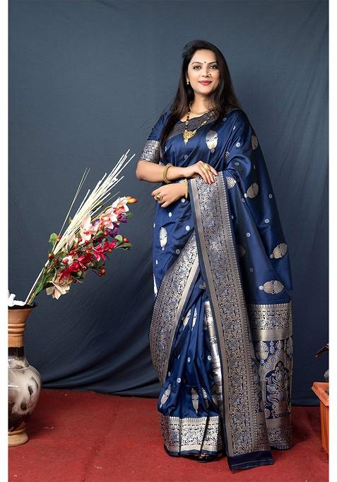Navy Blue Ethnic Woven Zari Pure Banarasi Silk Saree Set