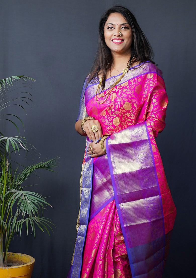 Pink Floral Woven Zari Pure Banarasi Silk Saree Set