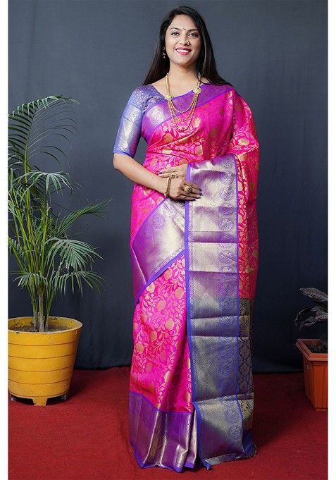 Pink Floral Woven Zari Pure Banarasi Silk Saree Set