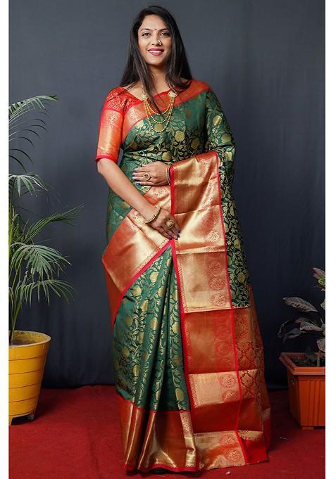 Green Floral Zari Pure Banarasi Silk Saree Set