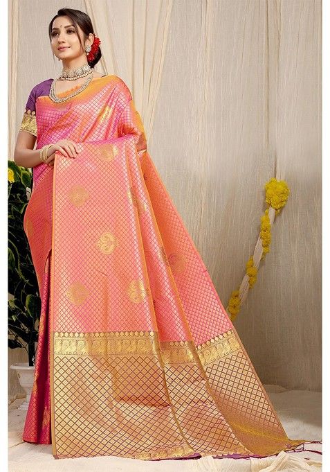 Peach And Golden Woven Zari Pure Banarasi Silk Saree Set