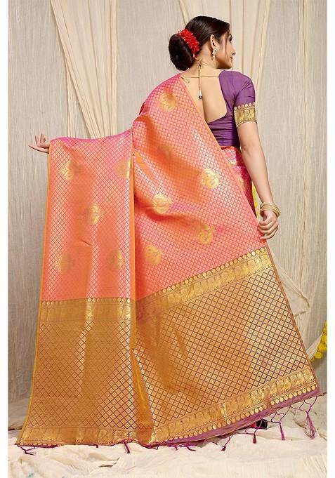 Peach And Golden Woven Zari Pure Banarasi Silk Saree Set