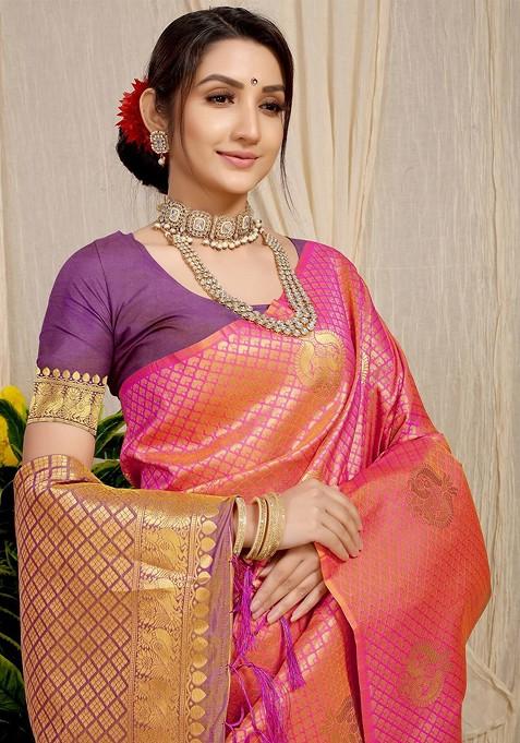 Peach And Golden Woven Zari Pure Banarasi Silk Saree Set
