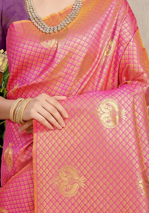 Peach And Golden Woven Zari Pure Banarasi Silk Saree Set