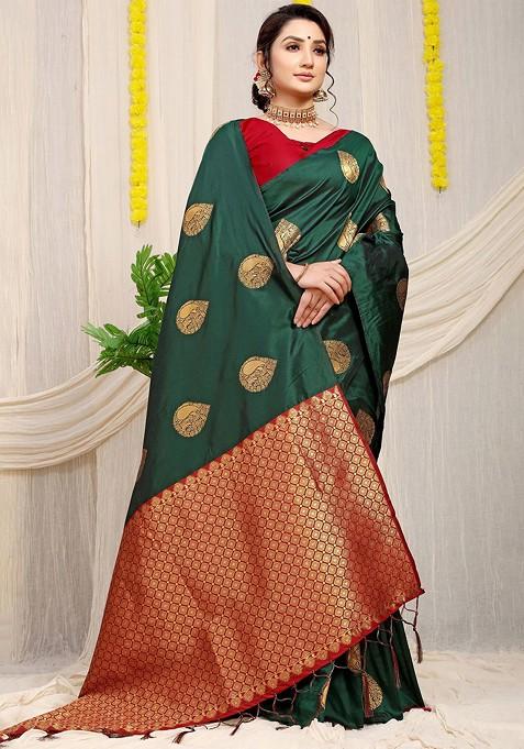 Green Floral Woven Zari Pure Banarasi Silk Saree Set