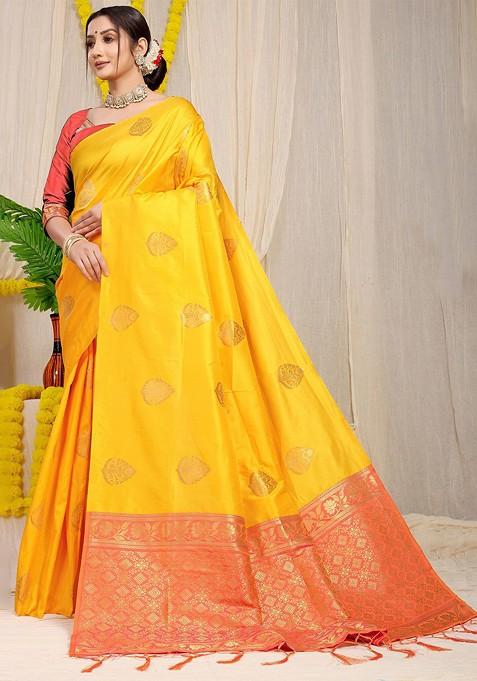 Yellow Floral Woven Zari Pure Banarasi Silk Saree Set