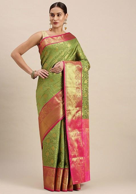 Lime Green Floral Woven Zari Pure Banarasi Silk Saree Set