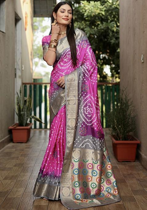Pink Zari Pure Silk Bandhani Saree Set