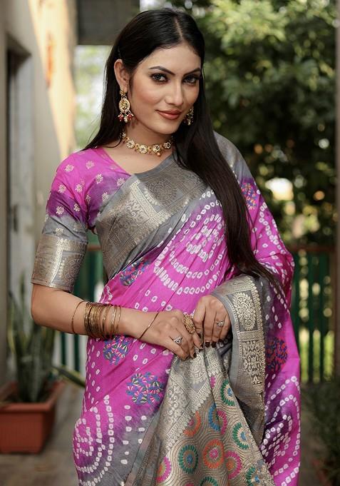Pink Zari Pure Silk Bandhani Saree Set