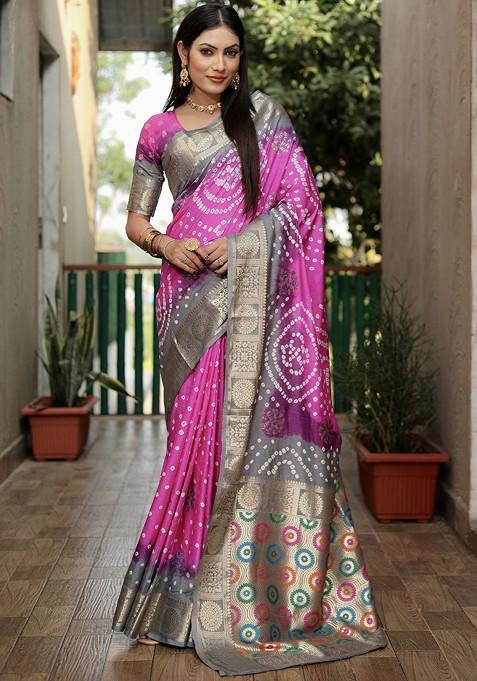 Pink Zari Pure Silk Bandhani Saree Set
