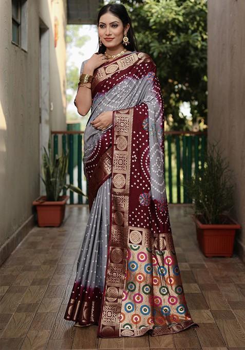 Grey Zari Pure Silk Bandhani Saree Set