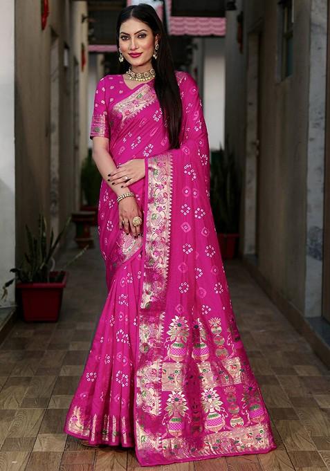 Pink Zari Pure Silk Bandhani Saree Set