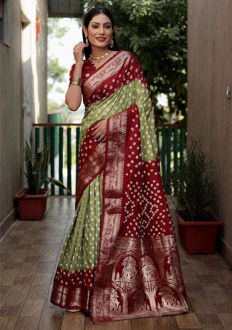 Fluorescent Green Zari Pure Silk Bandhani Saree Set for Diwali | Wedding & Festive Wear - Indya
