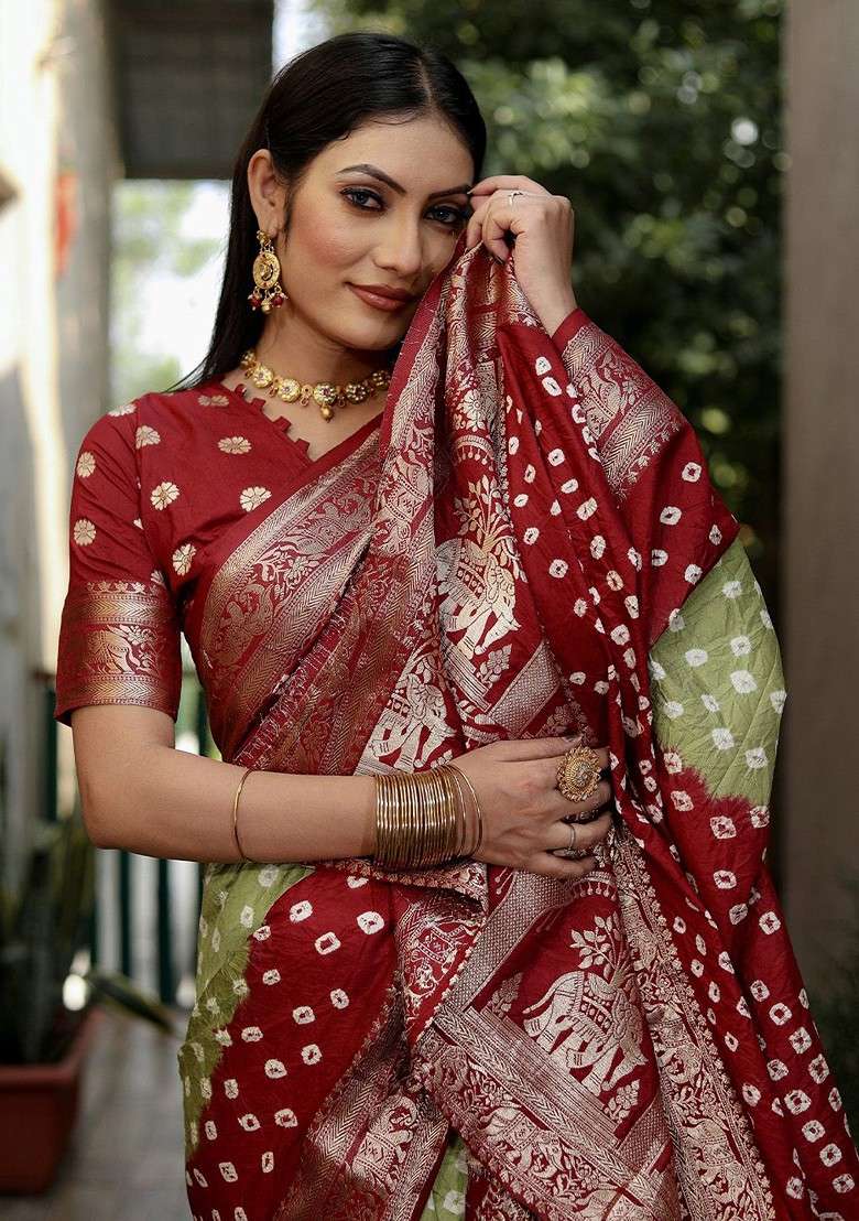 Fluorescent Green Zari Pure Silk Bandhani Saree Set for Diwali | Wedding & Festive Wear - Indya