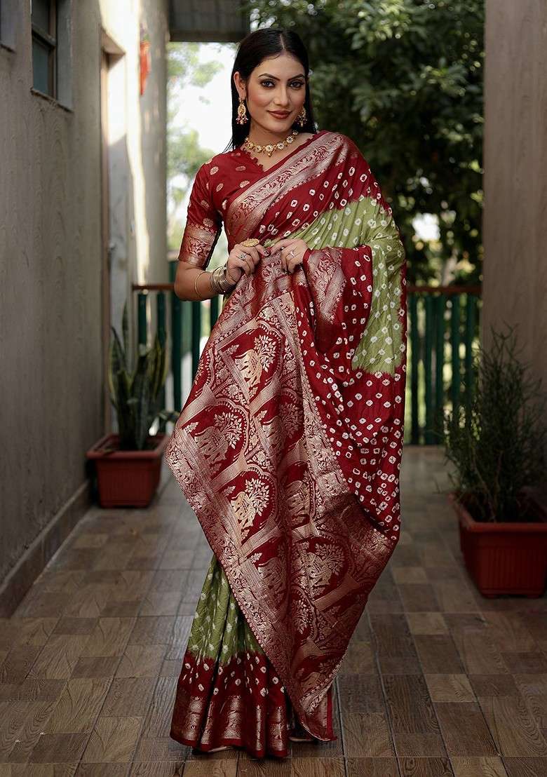 Fluorescent Green Zari Pure Silk Bandhani Saree Set for Diwali | Wedding & Festive Wear - Indya
