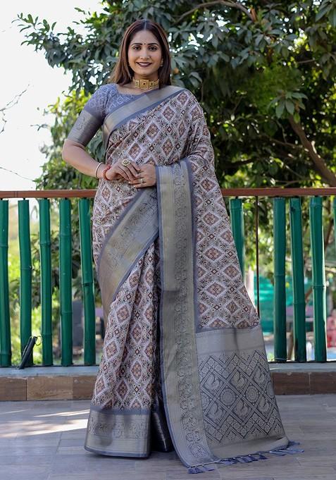 Grey Ethnic Motifs Zari Pure Silk Bandhani Saree Set