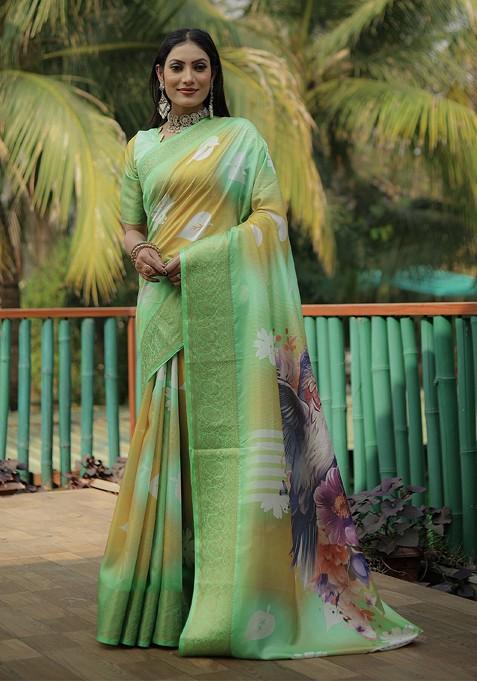 Green Tie And Dye Zari Pure Silk Saree Set