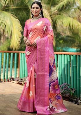 Pink Bandhani Print Zari Pure Silk Saree Set