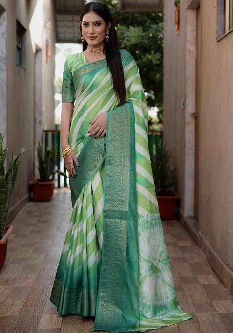 Green Zari Pure Silk Leheriya Saree Set