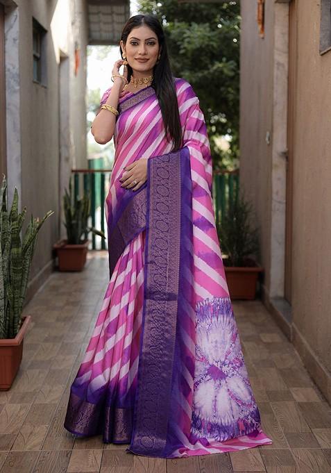 Purple Zari Pure Silk Leheriya Saree Set