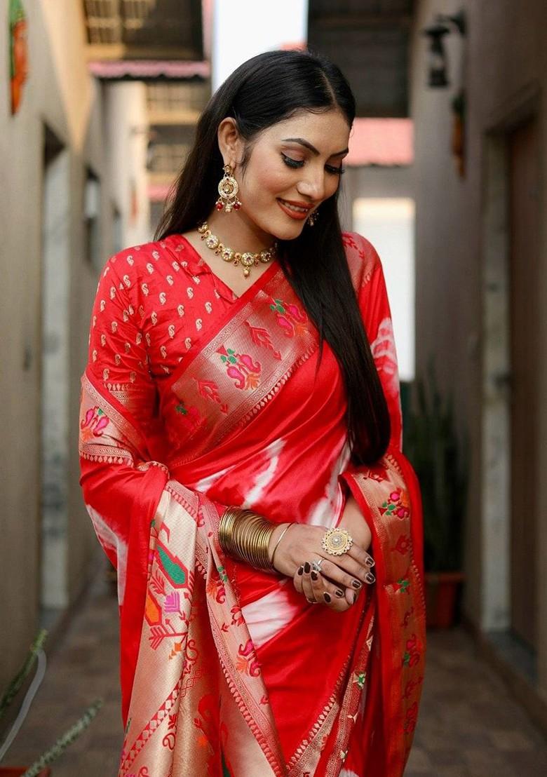 Red Tie And Dye Zari Pure Silk Saree Set