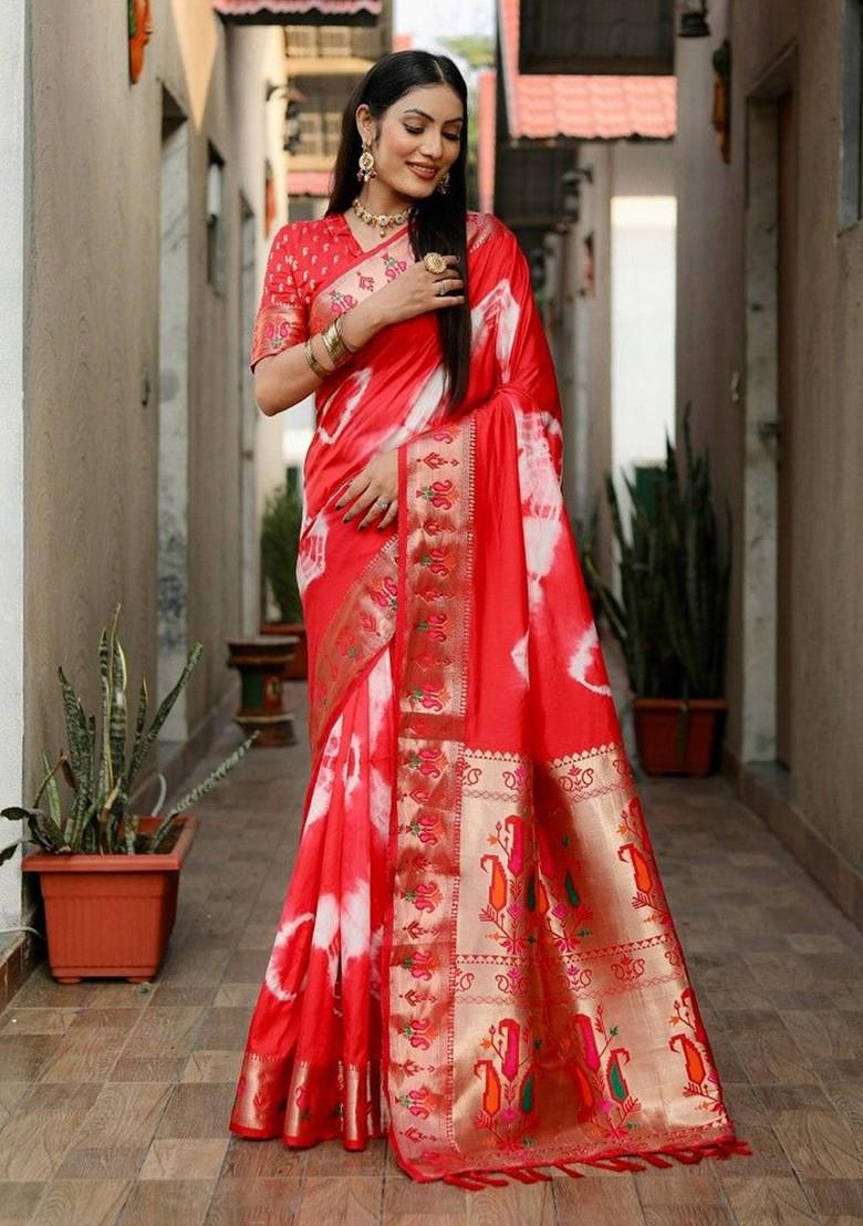 Red Tie And Dye Zari Pure Silk Saree Set