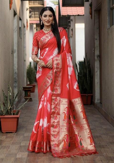 Red Tie And Dye Zari Pure Silk Saree Set