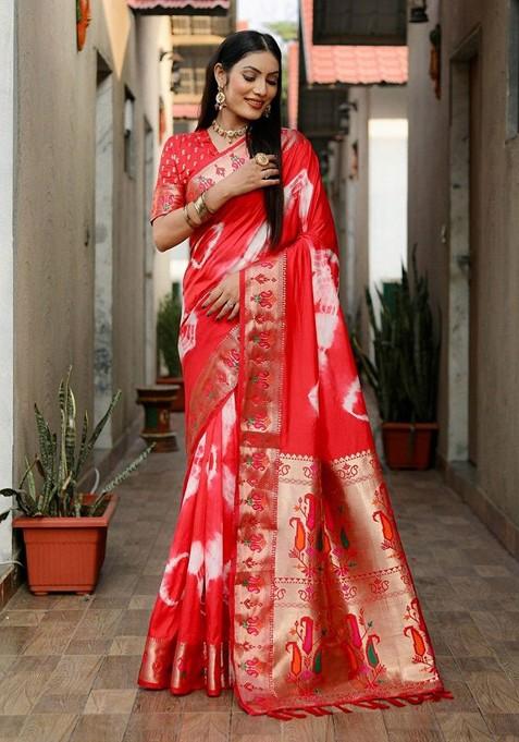 Red Tie And Dye Zari Pure Silk Saree Set