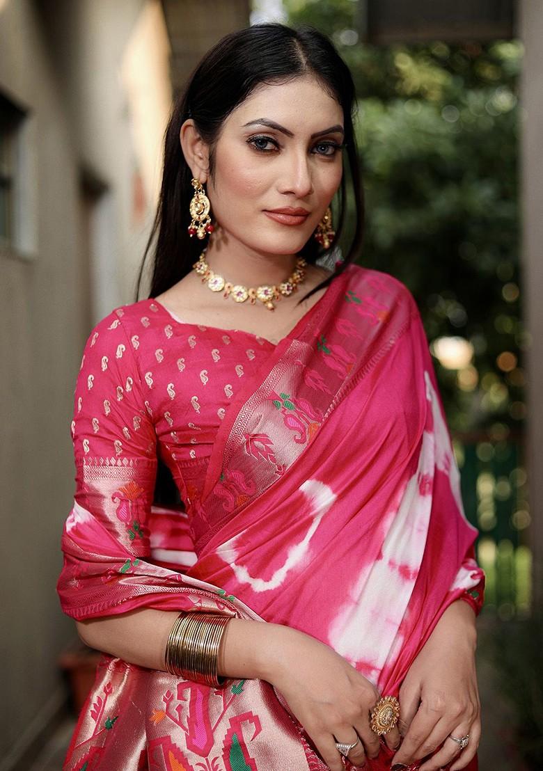 Pink Tie And Dye Zari Pure Silk Saree Set